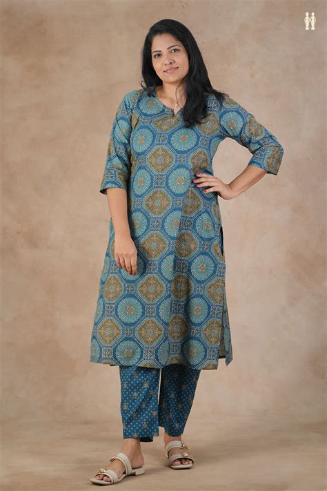Split Neck Printed Design Teal Blue Cotton Salwar Set