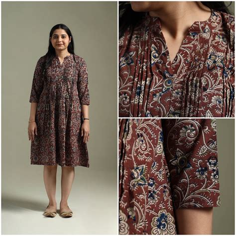Maroon Natural Dyed Cotton Hand Block Print Pintuck Kalamkari Dress