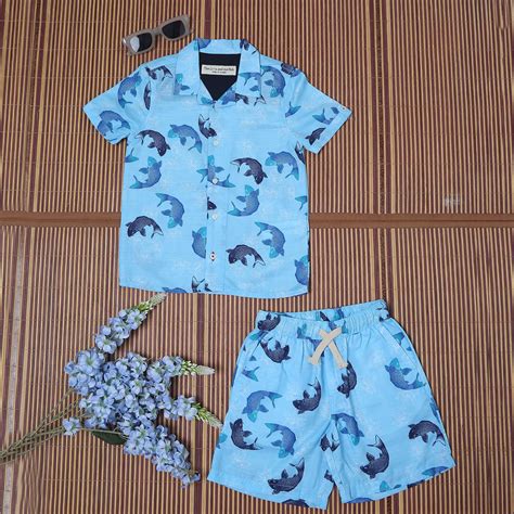 Boys Dolphin Printed Shirt & Short Co-Ord Set Aurora Blue