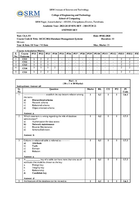 18CSC303J Database Management Systems Answer Key - SET 3(BATCH 2) - Studocu