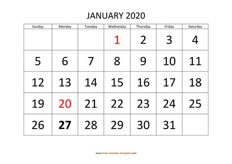 January 2020 Calendar designed with large font (horizontal) | Free ...