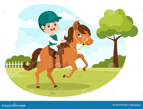 Horse Riding Cartoon Illustration with Cute People Character Practicing ...