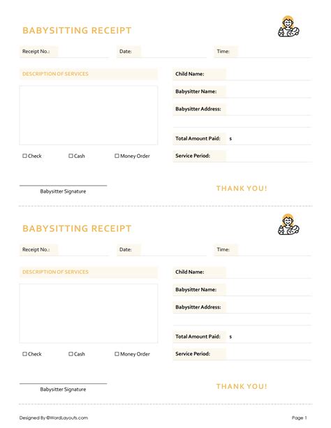 Free Babysitting (Nanny) Receipt Templates - WordLayouts