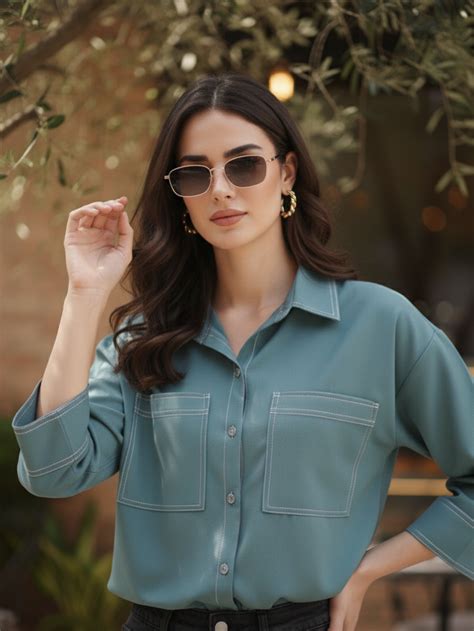 Denim Blue Crepe Plain Regular shirt for woman