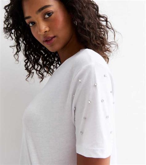 White Diamanté Embellished Cotton Boxy T-Shirt | New Look