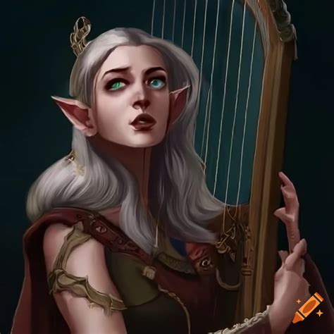 Art of a half elf bard playing a harp
