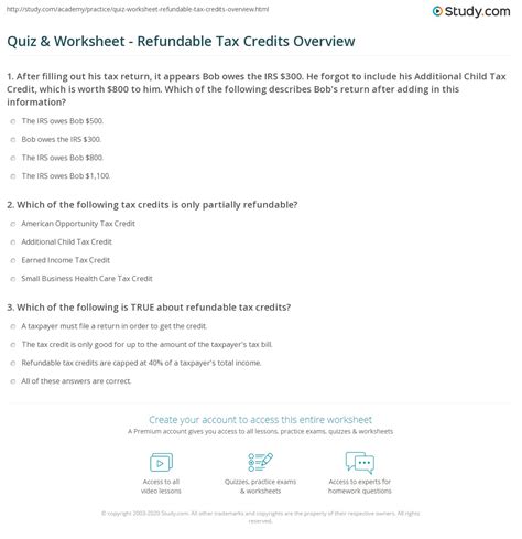 Quiz & Worksheet - Refundable Tax Credits Overview | Study.com