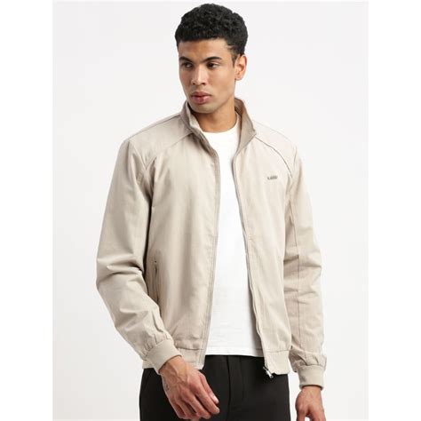 Buy SHOWOFF Mens Mock Collar Cream Solid Bomber Jacket Online