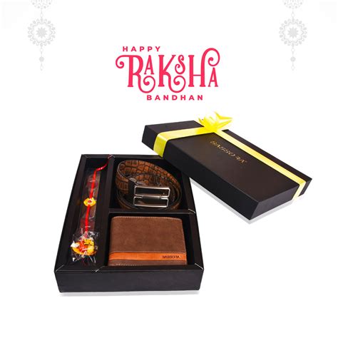 Sassora Genuine Leather Men's Wallet, Belt and Rakhi Combo Set (Raksha