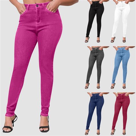 Qulqfy Petite Womens Jeans Stretchy Skinny Pink High Waisted Denim ...