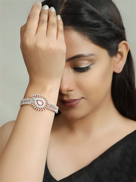 Blush Bond-Pink American Diamond Rose Gold Plated Floral Bangle Style ...