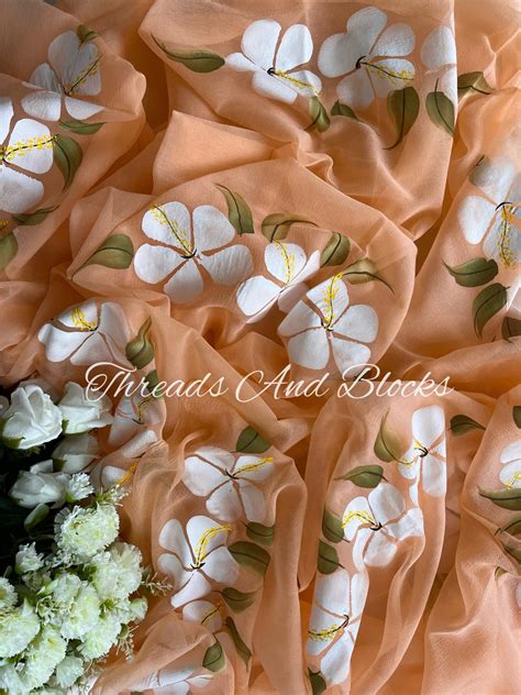 Peach Hibiscus Hand Painted Saree – Threads & Blocks