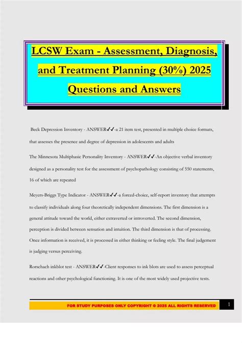 LCSW Exam - Assessment, Diagnosis, and Treatment Planning (30%) 2025 Questions and Answers ...