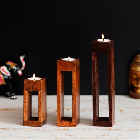 Set of 3 Hollow Pillar Wooden Tea Light Candle Stands - eCraftIndia Online