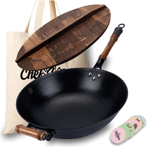 Cast Iron Wok Flat Bottom 12.6 inch with Wooden Lid, Un-Coated & Pre ...