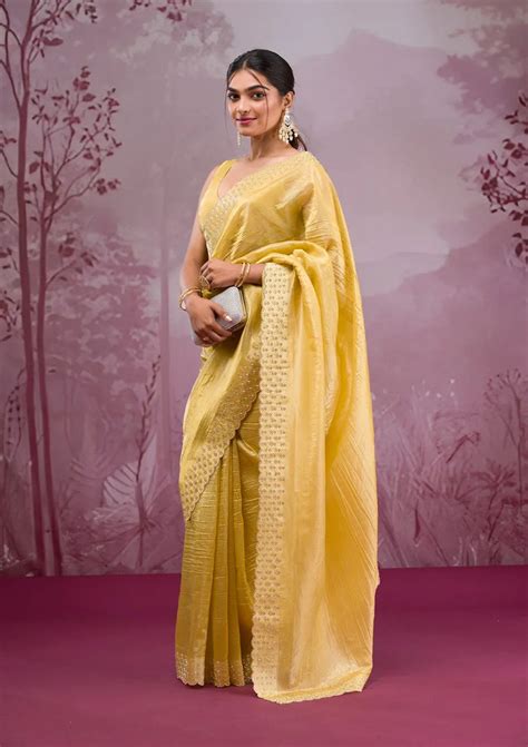 Fashion Cave Yellow Swarovski Tissue Saree