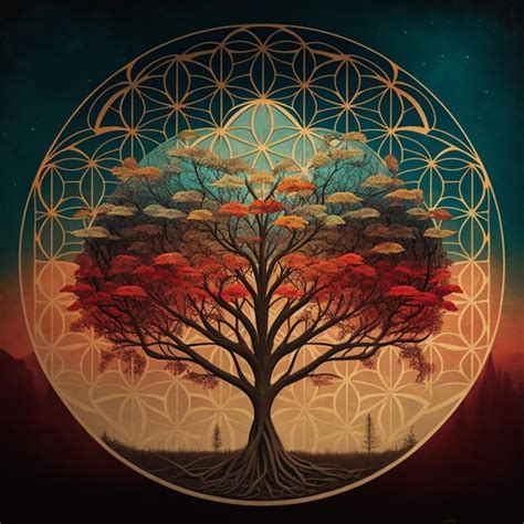 Painting of a tree with a sky background and a sun in the background ...