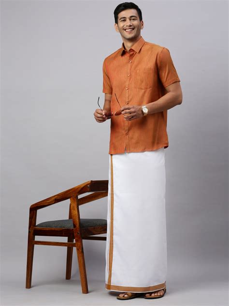 Ramraj Mens Brown Matching Border Dhoti & Half Sleeves Shirt Set CV3