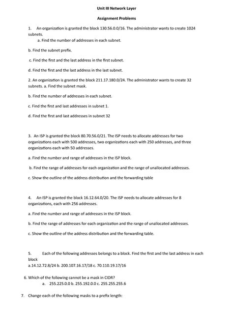 Unit III Network Layer - Unit III Network Layer Assignment Problems An ...