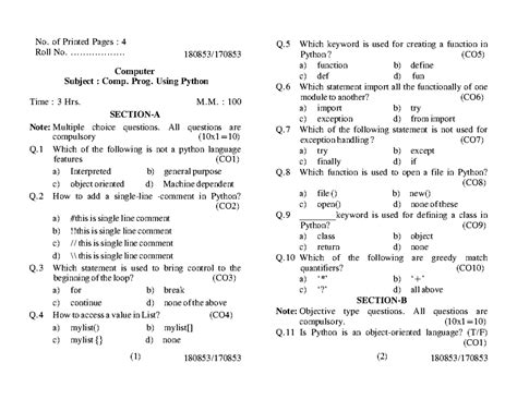 Question papers of Python 5th Sem - SECTION-A Note: Multiple choice ...