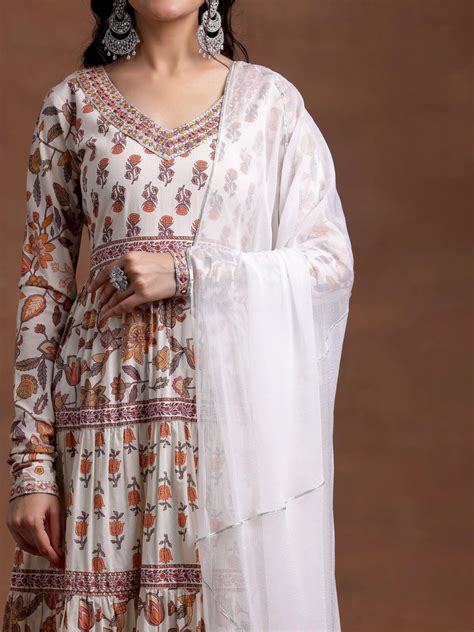 Buy Off white Printed Cotton A-Line Kurta With Palazzos & Dupatta ...