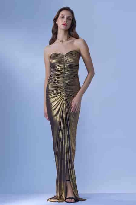 Buy Gold Sweetheart Neck Shimmer Finish Tube Gown For Women by Cham ...