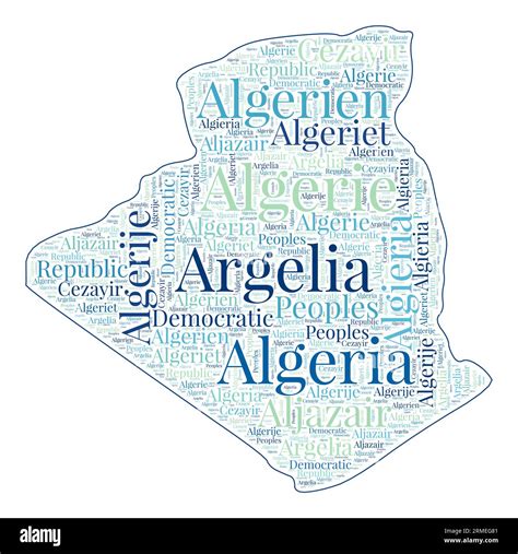 Algeria shape filled with country name in many languages. Algeria map in word cloud style ...