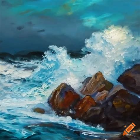 Impressionist painting of ocean waves crashing onto rocky shore