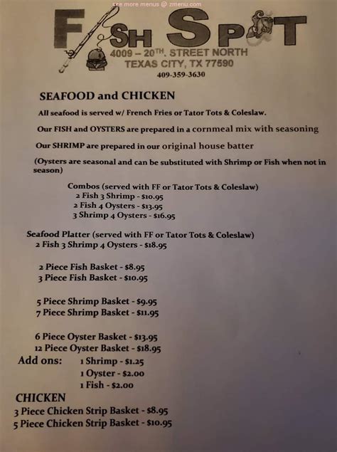 Menu at Fish Spot restaurant, Texas City