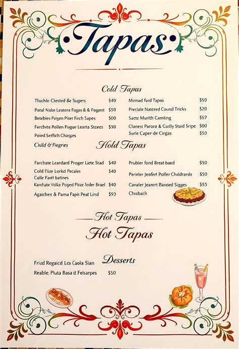 Tapas Menu Featuring Vibrant Colors and Intricate Patterns Sections ...
