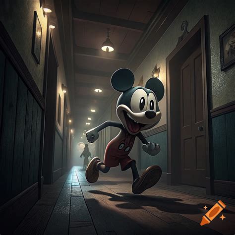 Stylized image of a scary Mickey Mouse running down a dark hallway with ...