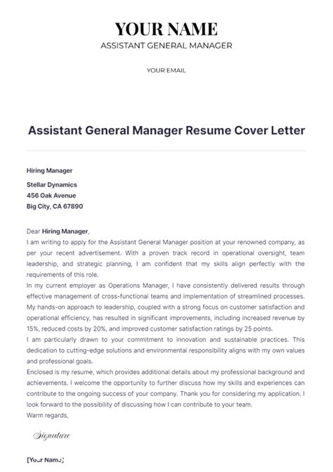 Free Assistant General Manager Resume Cover Letter Template to Edit Online