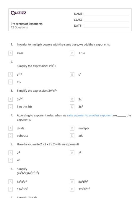 50+ Properties of Exponents worksheets for 8th Class on Quizizz | Free ...