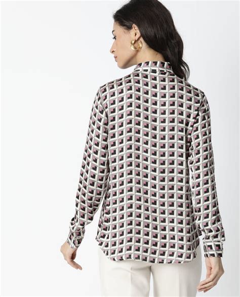 Rareism Women's Appar Offwhite Mandarin Collar Geometric Print Tailore