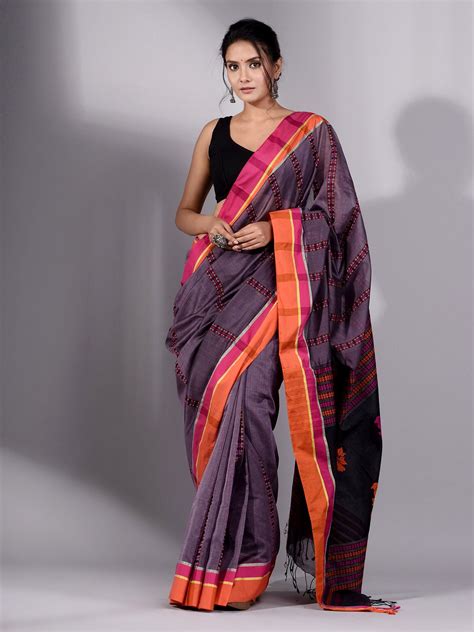 Graphite Grey Cotton Soft Handwoven Saree With Dual Border – Charukriti