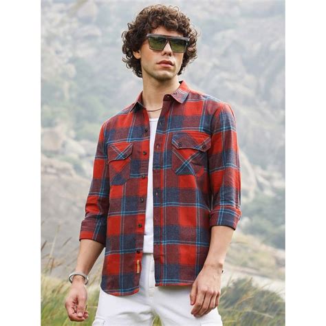 Buy Campus Sutra Mens Scarlet Red Buffalo Check Utility Shirt Online