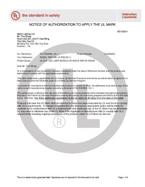 Fillable Online NOTICE OF AUTHORIZATION TO APPLY THE UL MARK 05/12/2011 ...