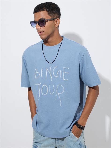 Buy Nuon Blue Typographic Relaxed-Fit Cotton T-Shirt from Westside