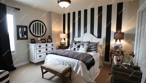 Elegant black and white themed bedroom with striped accent wall ...