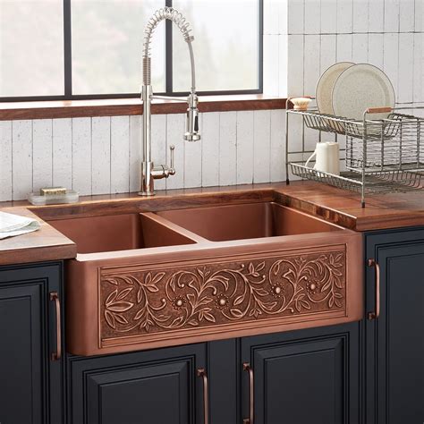 30" Vine Design Copper Farmhouse Sink - Kitchen Black And Copper ...