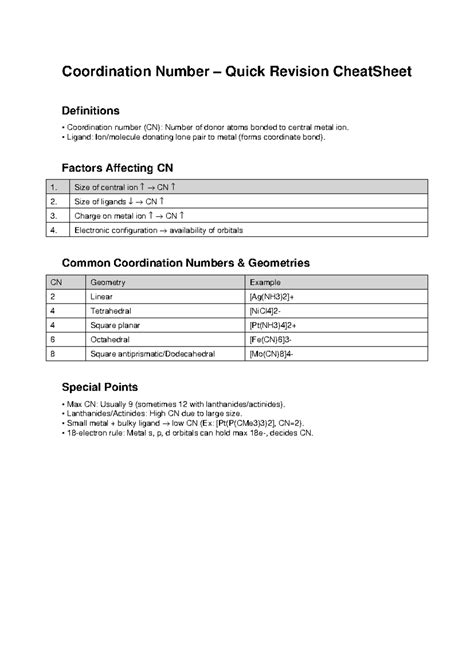 Coordination Number Cheat Sheet: Key Definitions & Factors - Studocu