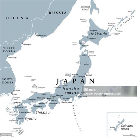 Japan Main Islands Gray Political Map Of The East Asian Island Country Stock Illustration ...