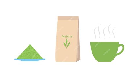 Premium Vector | Set of matcha powder packaging and cup of green tea ...