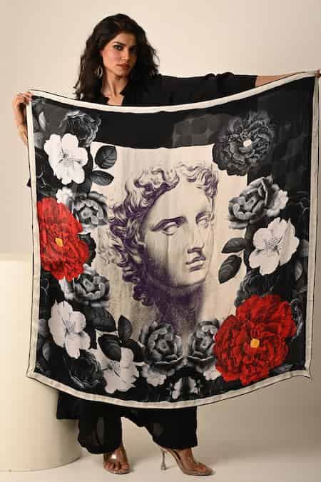 Buy Black Digital Printed Floral And Roman Bust Scarf by ISADAA BY ...