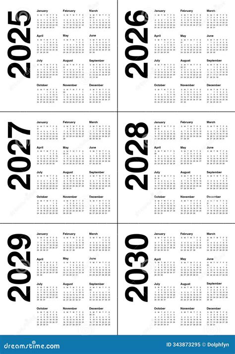 2025 2026 2027 2028 2029 2030 Year Calendar Vector Design Template | CartoonDealer.com #343873295