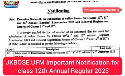 JKBOSE UFM Important Notification for class 12th Annual Regular 2023