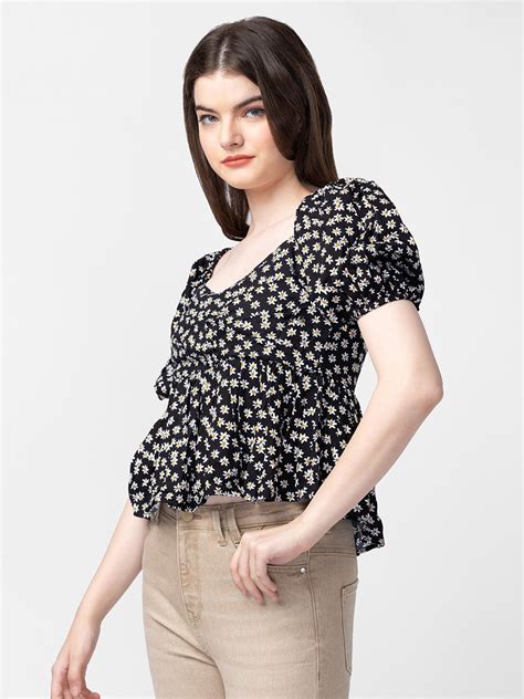 Spykar Women Black Cotton Floral Crop Top - wshps1bc014black