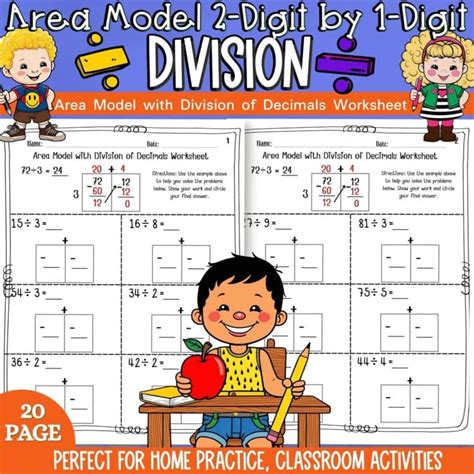Division Area Model Worksheet for 2 Digit by 1 Digit Division Practice Math