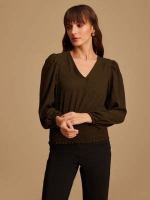 Buy Kazo Green V-neck Top With Smocking Online