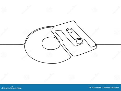 Ribbon Cassette And Cd Or Compact Disc. Continuous One Line Drawing ...
